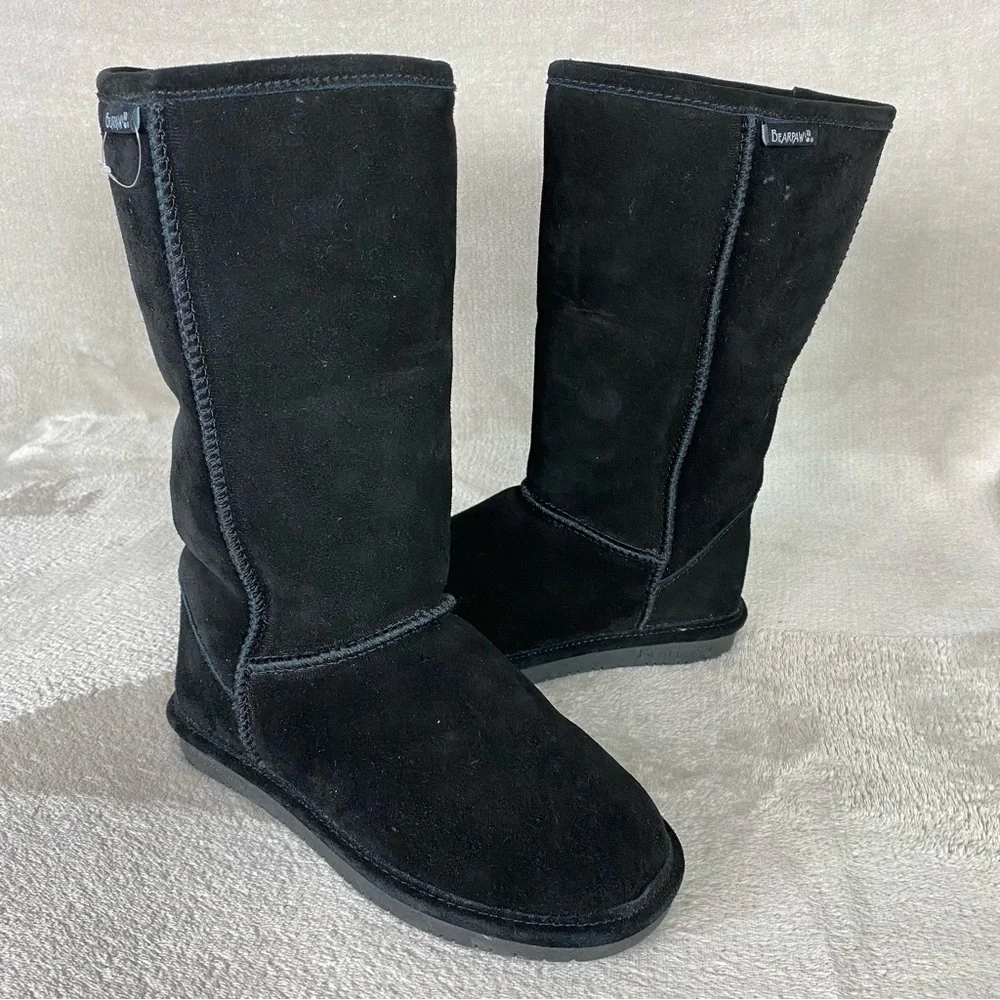 Bearpaw Emma Tall Boots‎ Womens Size 7 Black Suede Pull On Wool Blend Lining